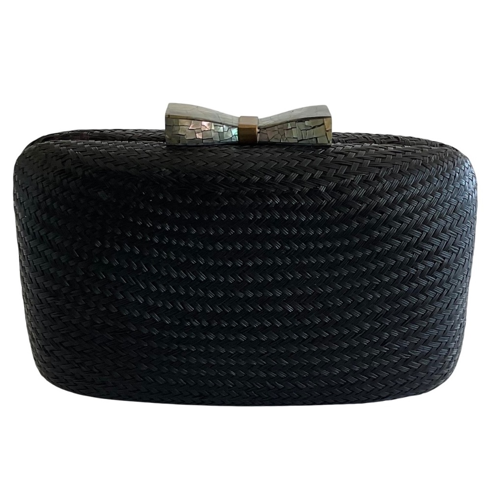 Kayu black woven straw clutch bag with shoulder chain strap